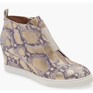 LINEA PAOLO FELICIA GOLD SNAKE PRINT Leather Platform Wedge Sneaker Bootie, SZ 9